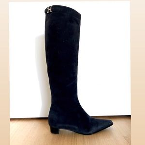 Hermès Vintage Suede Knee High Boots with silver Logo